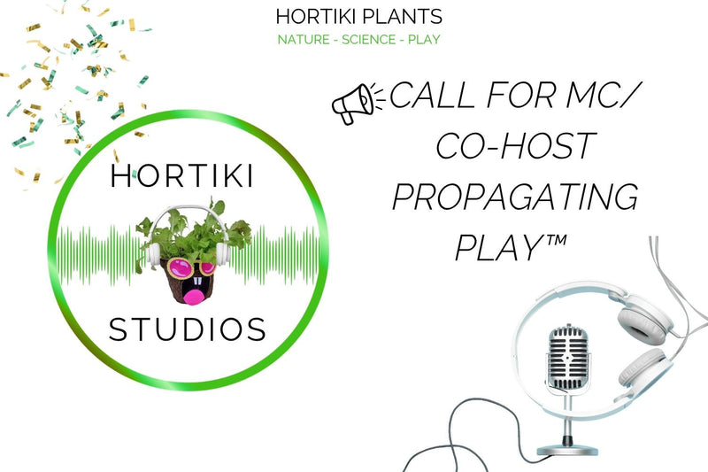 asting call graphic for an MC for the Propagating Play™ show by Hortiki Studios, featuring the logo, a vintage microphone, a megaphone, and confetti.