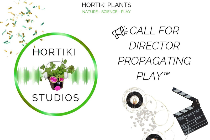  'Call for Director' for 'Propagating Play™' by Hortiki Plants. Hortiki Studios logo (a potted plant wearing headphones and pink sunglasses over a green soundwave), along with graphics of confetti, a megaphone, film reels, and a movie clapperboard.