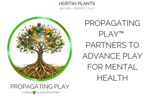 An announcement from Hortiki Plants featuring a circular logo of a tree with roots and branches filled with toys, musical notes, and art supplies. To the right, large text reads, Propagating Play™  Partners to Advance Play for Mental Health