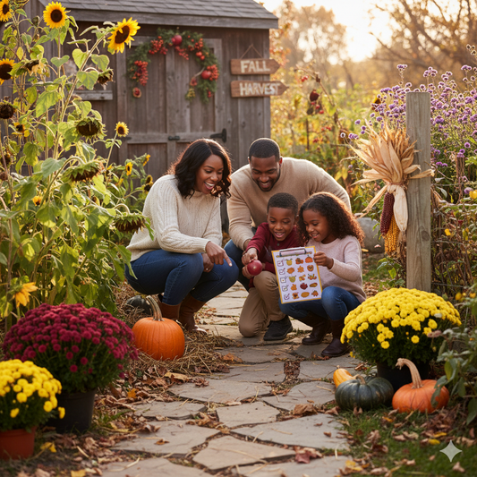 a family are crouched down on a stone path in a sunny, festive fall garden, looking at a scavenger hunt checklist while surrounded by sunflowers, mums, and pumpkins.