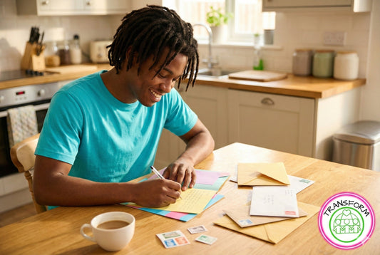 A young Black man with locs sitting at a sunny kitchen table, smiling as he writes a letter on colorful paper, wearing a bright teal shirt.