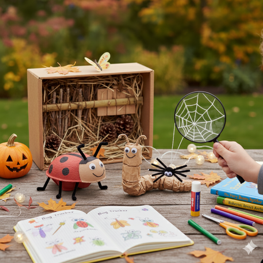A child's hand playing with craft garden bugs, a bug hotel, and the blog title not so creepy crawlers fun steam garden activities for halloween