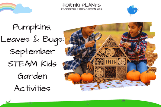 Two children examine a wooden bug hotel with a magnifying glass among autumn leaves, pumpkins, and books.