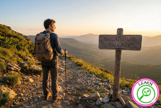  A man standing at the sunny peak of a hiking trail, looking out over a green valley, representing the arrival fallacy and the completion of a big goal