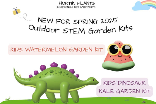 Hortiki Plants announcement for Spring 2025 Outdoor STEM Garden Kits featuring kids watermelon and dinosaur kale garden kits.